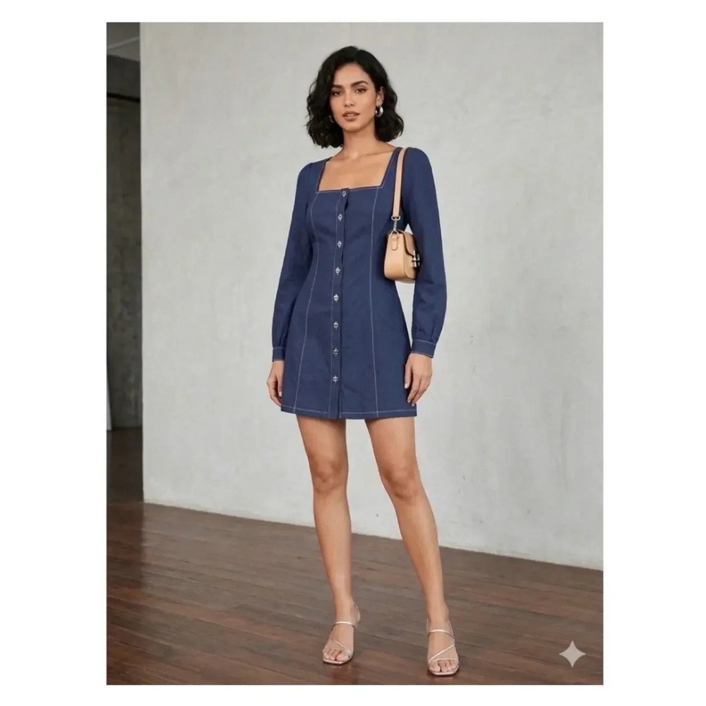 D.Ark Navy Blue Mini Dress Puff Sleeve Square Neck Button Front Cottagecore Med